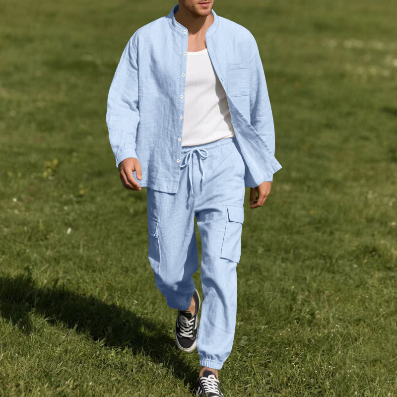 Mens Linen Shirt Long Sleeve - 남성용 린넨 통기성 투피스 세트 (스탠드
