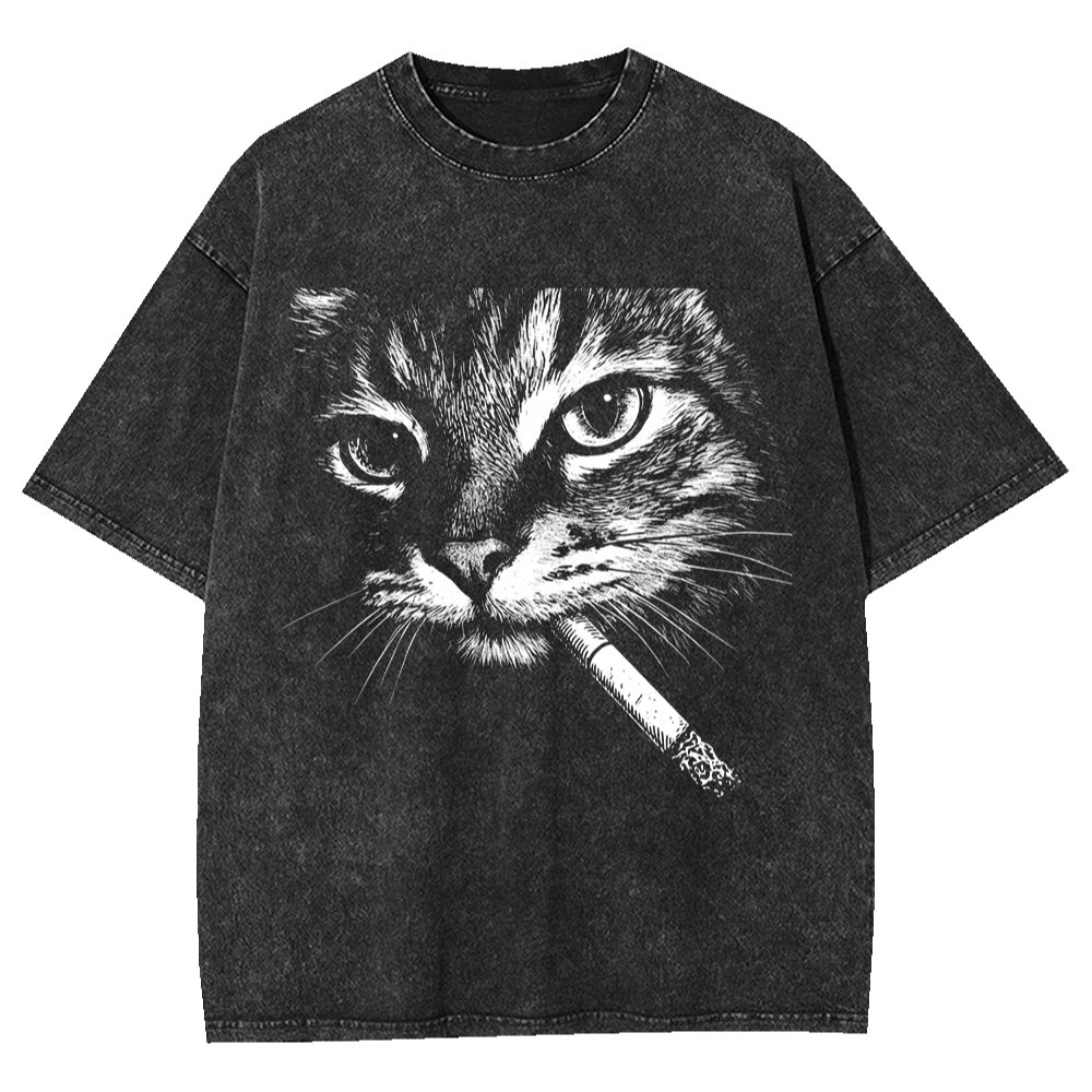 Acid Wash Vintage Graphic T Shirt - 빈티지 애시드 워시 남성 티셔츠 흡연하는