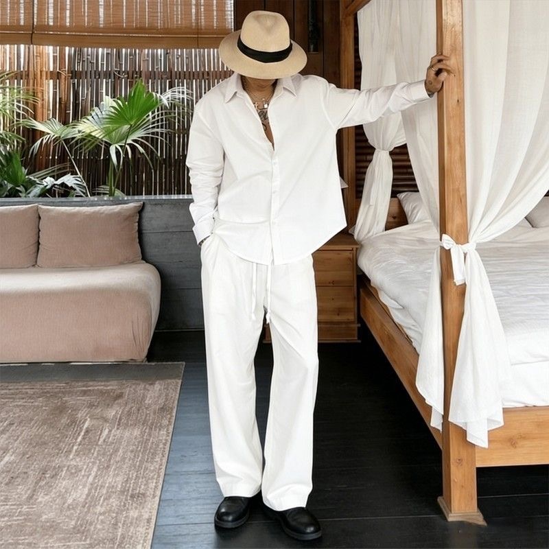 Mens Linen Shirt Long Sleeve - 태기타 화이트 린넨 세트 루즈핏 긴팔