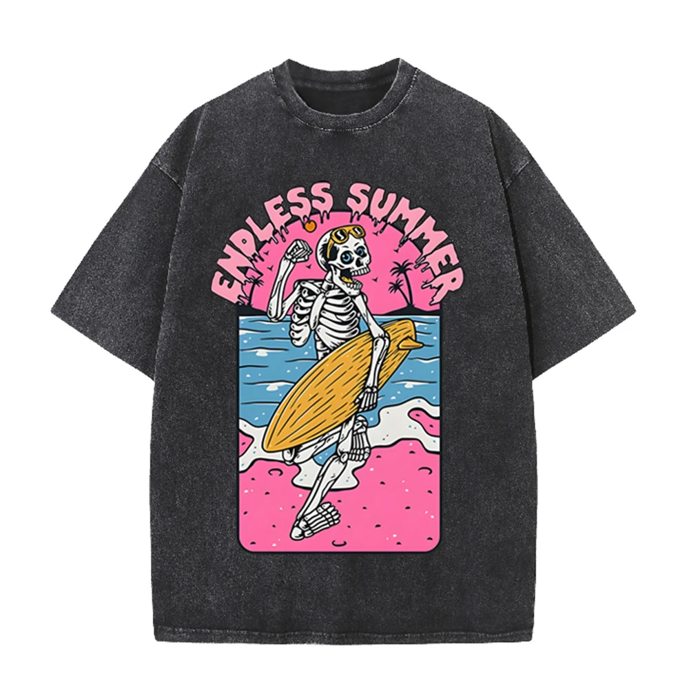 Acid Wash Vintage Graphic T Shirt - 2026 빈티지 스켈레톤 서퍼 엔들리스 썸머