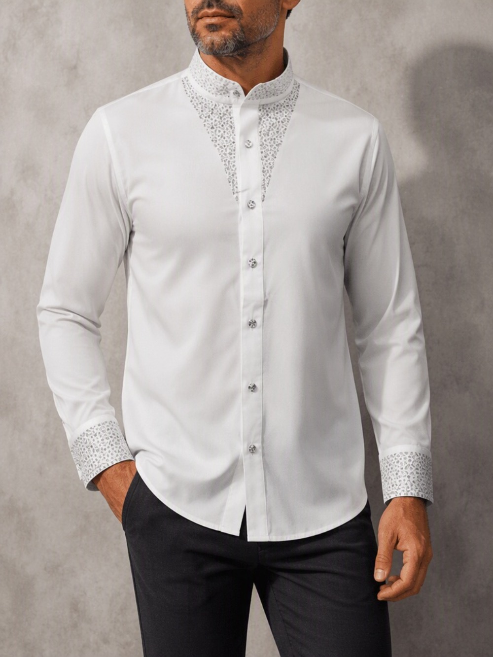 Mandarin Collar Formal Shirt Slim Fit - 남성용 캐주얼 비즈니스 블라우스, 고급스러운 라인스톤