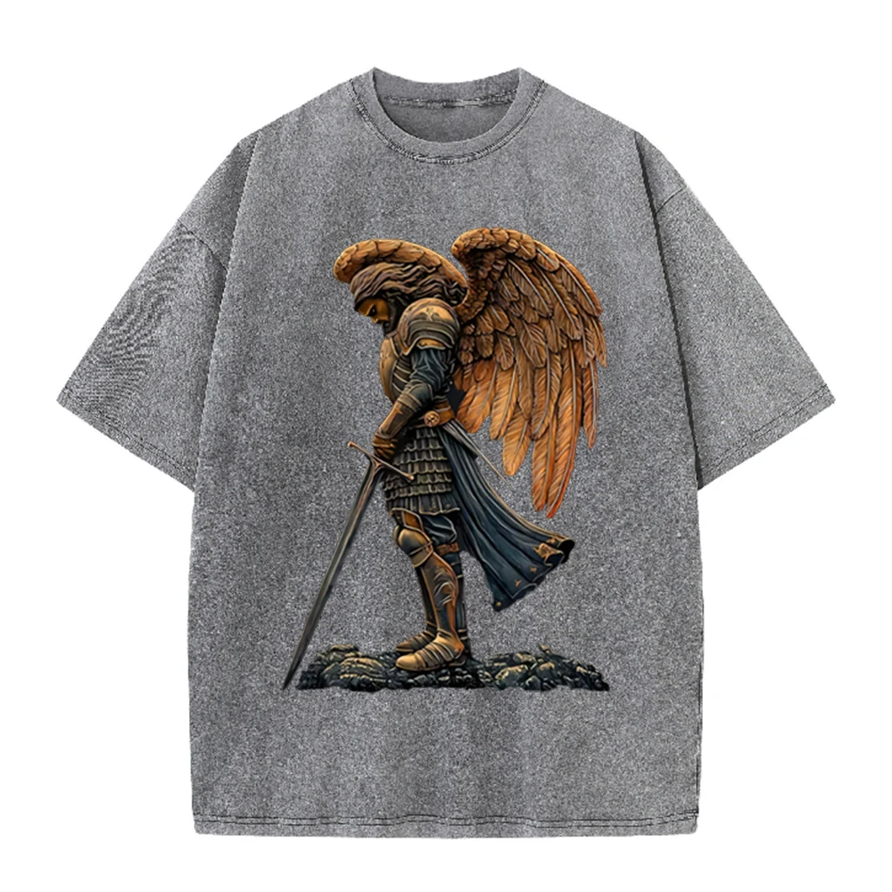 Acid Wash Vintage Graphic T Shirt - 2026 빈티지 날개 달린 기갑천사 전사