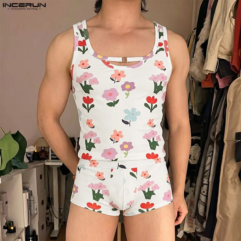 Shorts - INCERUN 남성 세트 꽃 프린트 여름