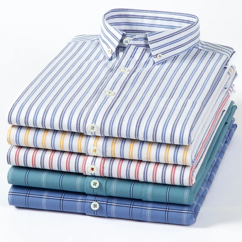 Oxford Cotton Casual Shirt Business - 남성용 순면 옥스포드 줄무늬 격자 무늬