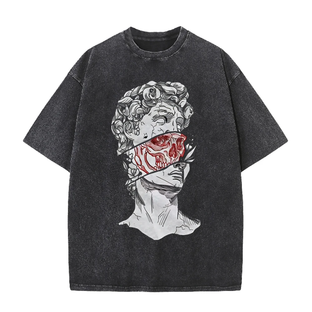 2026 빈티지 브로큰 데이비드 조각상 레드 스컬 그래 - Acid Wash Vintage Graphic T Shirt 리뷰 및 가격