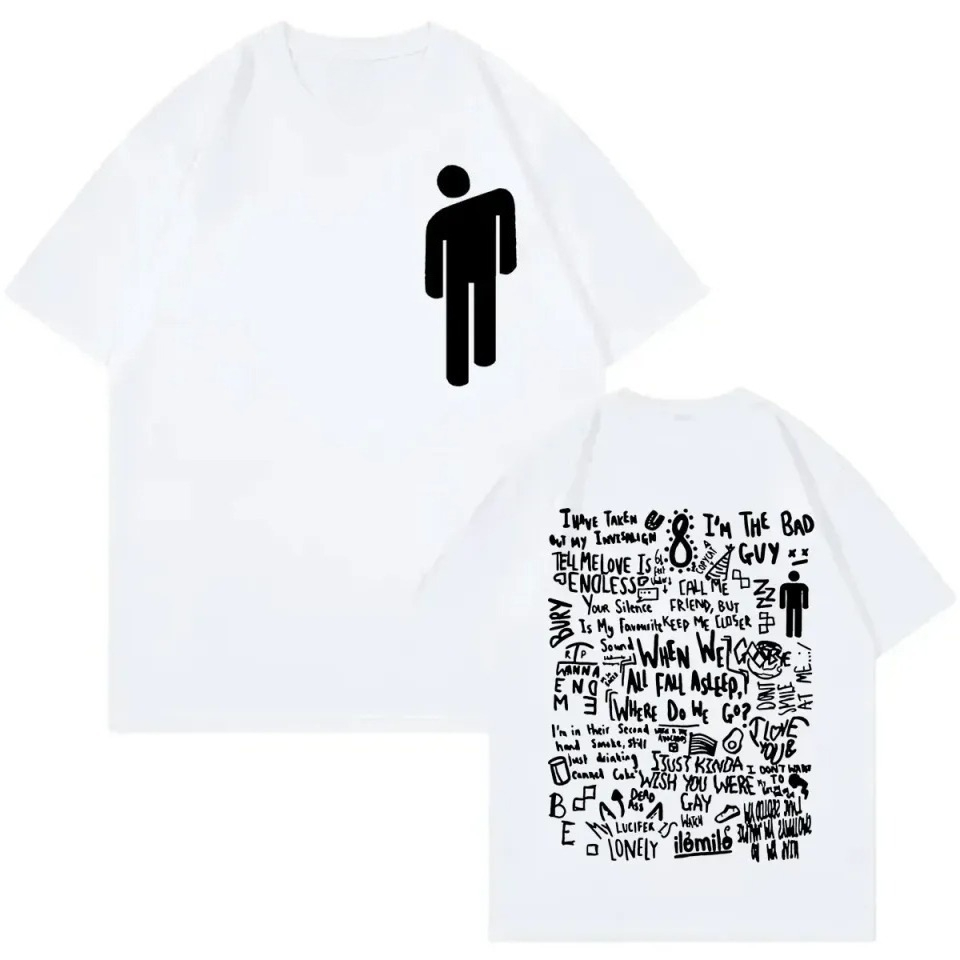 빌리 아일리시 아이콘 가사 콜라주가 있는 크루넥 티셔츠 - T-Shirts 리뷰 및 가격