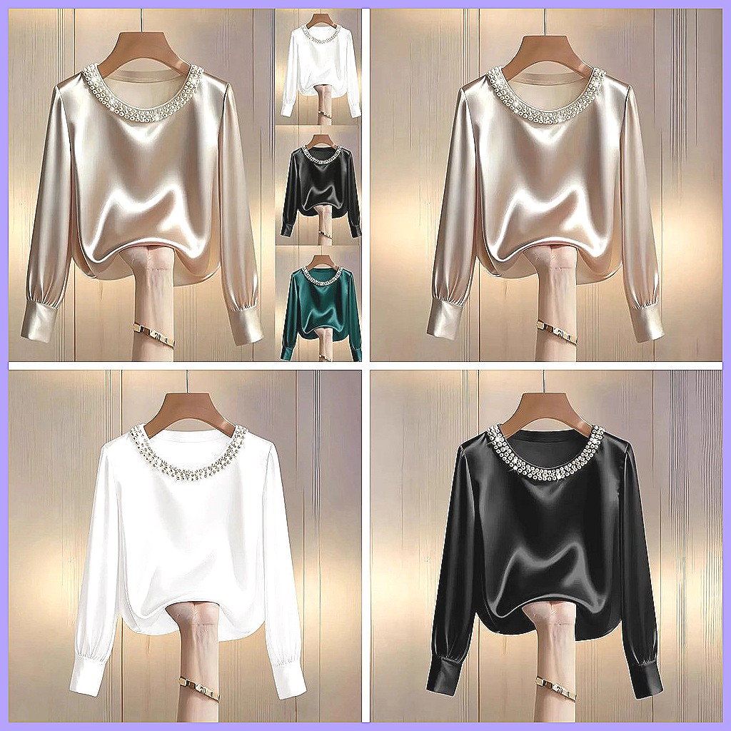 여성용 우아한 비즈 장식 새틴 블라우스, 루즈핏 긴소매 - Shirts 리뷰 및 가격