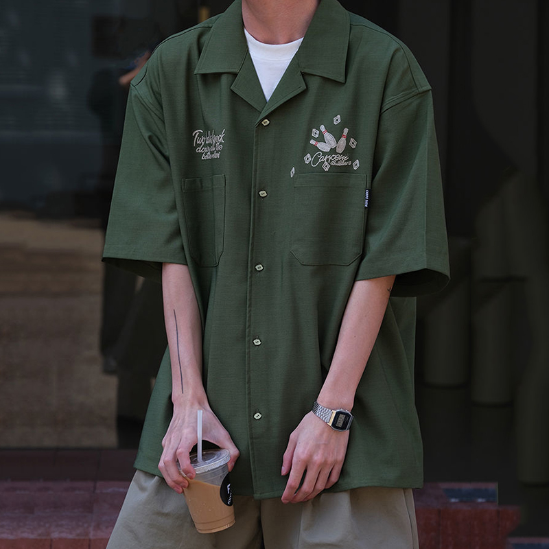 볼링 자수 녹색 툴링 레트로 쿠바 칼라 반팔 셔츠, 남 - Short Sleeve Bowling Shirt Retro 리뷰 및 가격