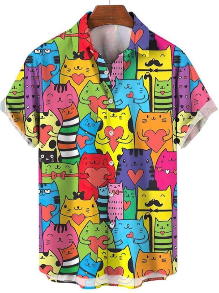 하와이안 오버사이즈 남성 셔츠, 만화 고양이 새 패턴  - Vintage Hawaiian Floral Shirt 리뷰 및 가격