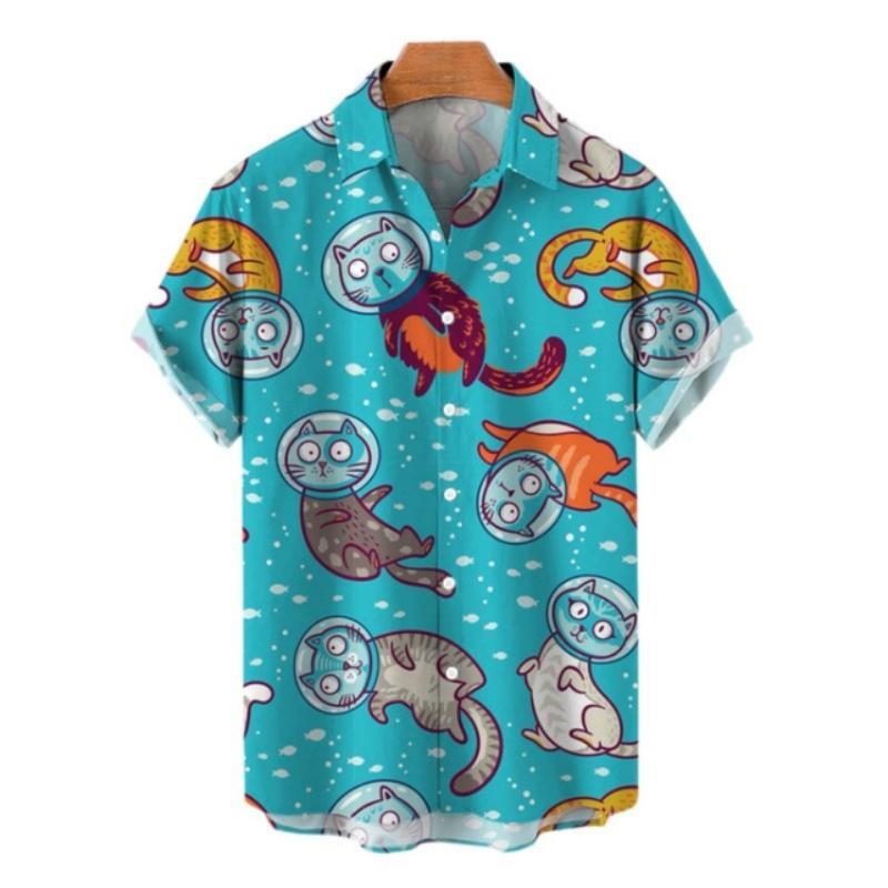 하와이안 오버사이즈 남성 셔츠, 만화 고양이 새 패턴  - Vintage Hawaiian Floral Shirt 리뷰 및 가격