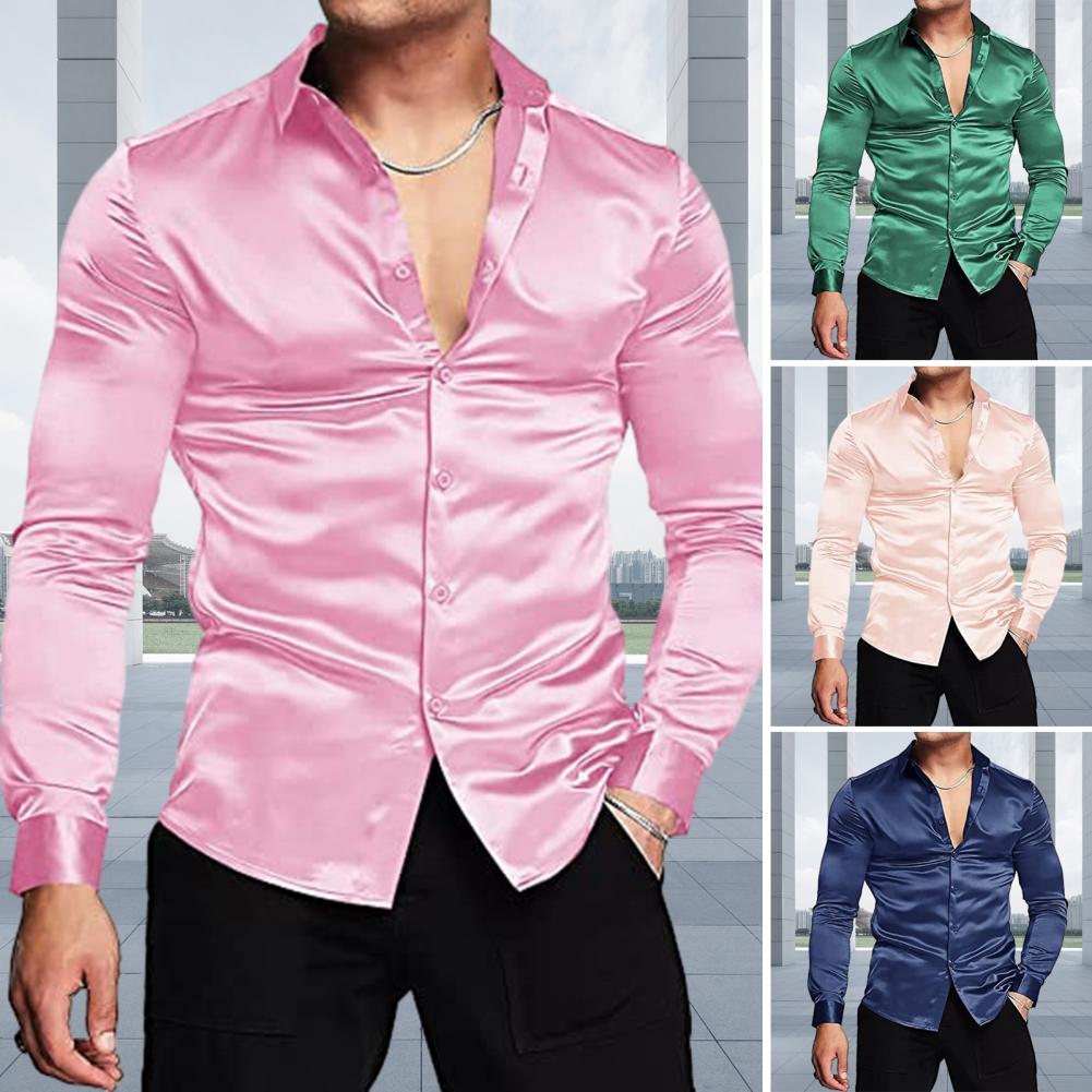 남성용 핑크 실크 새틴 럭셔리 드레스 셔츠, 슬림 긴팔 - Mens Satin Silk Dress Shirt 리뷰 및 가격