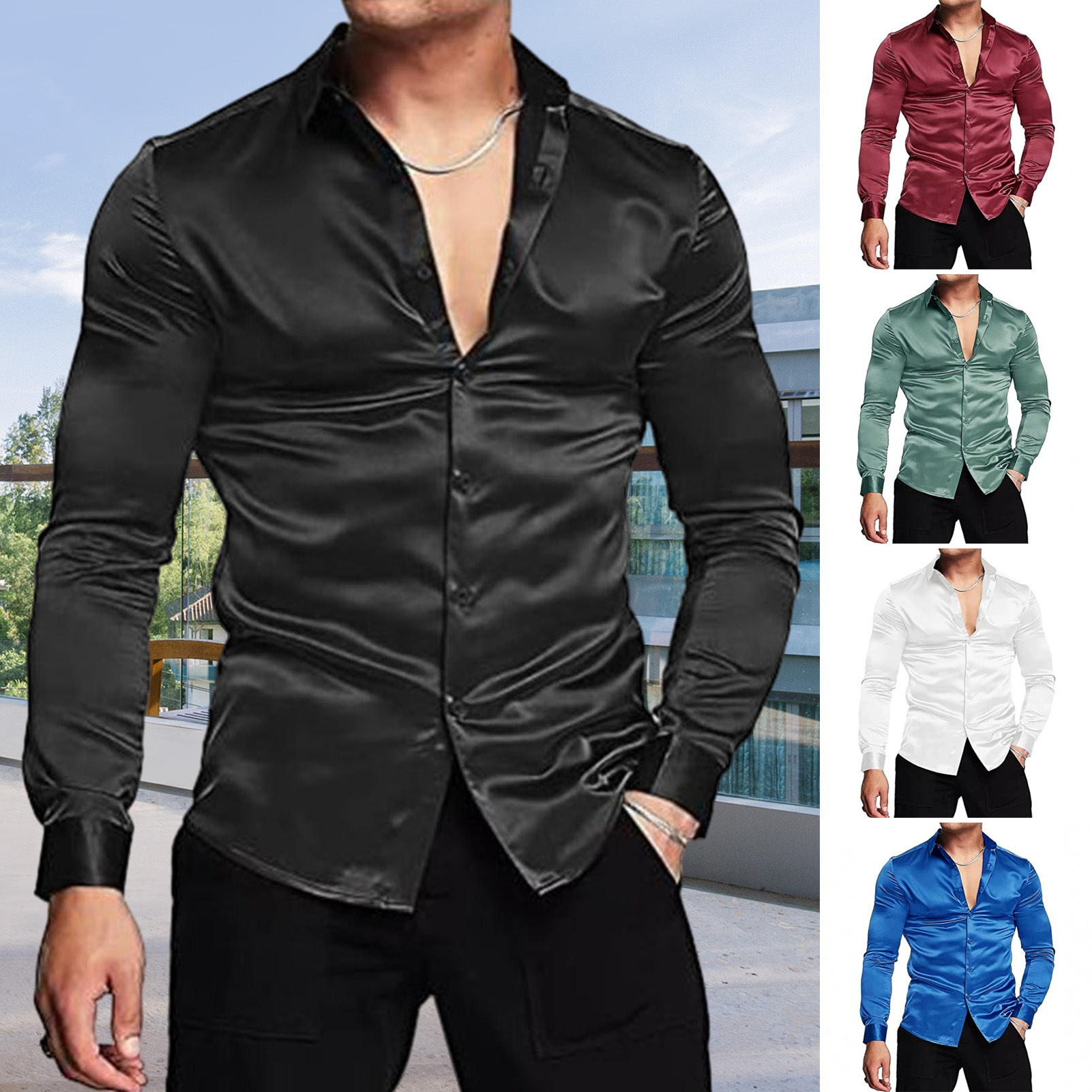 남성용 핑크 실크 새틴 럭셔리 드레스 셔츠, 슬림 긴팔 - Mens Satin Silk Dress Shirt 리뷰 및 가격